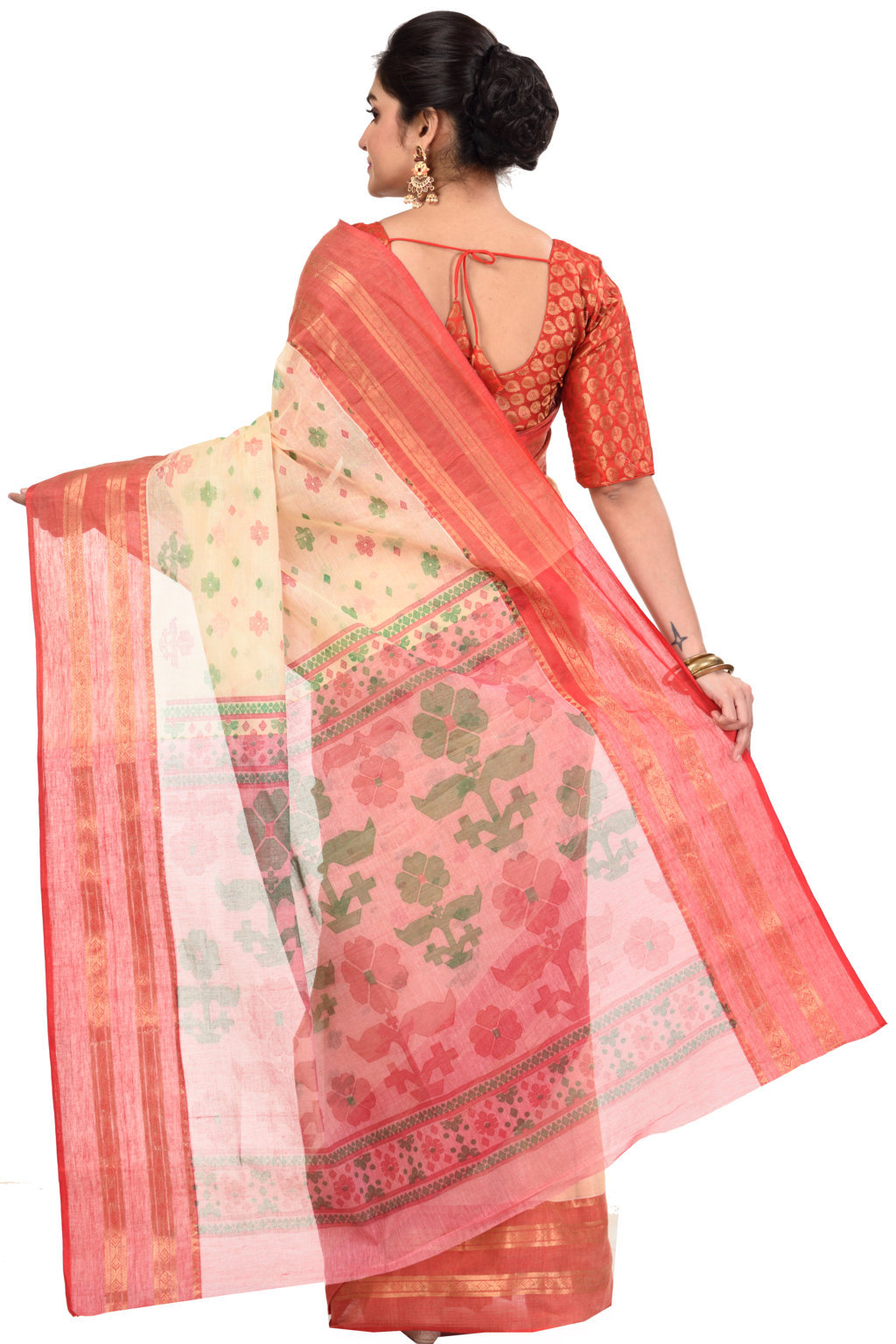 Red Pure Cotton FullBall Print Tant Saree Print (434)